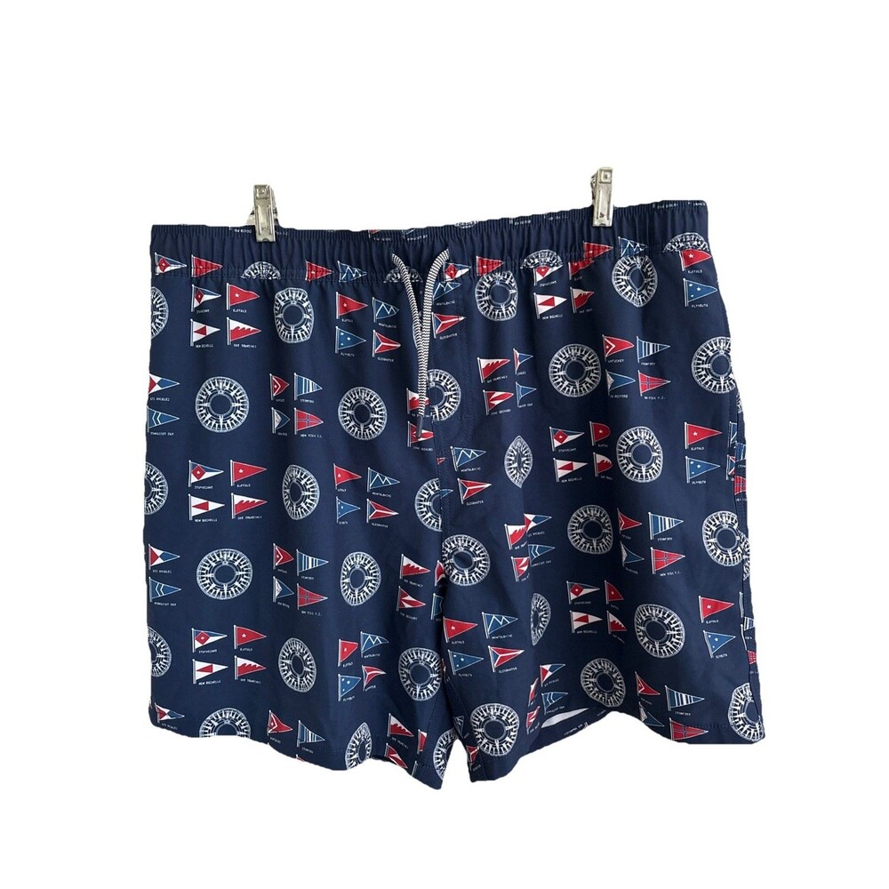 NWOT Reyn Spooner Men Flags Compass Blue Swimsuit Trunks Pockets Lined XXL 2XL